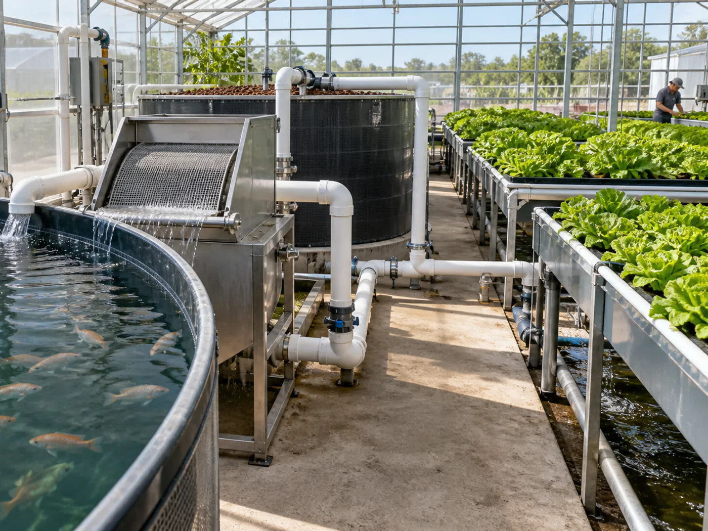 Aquaponics equipment prepared for shipment with tanks, filters, pipe fittings and inspection checklist.
