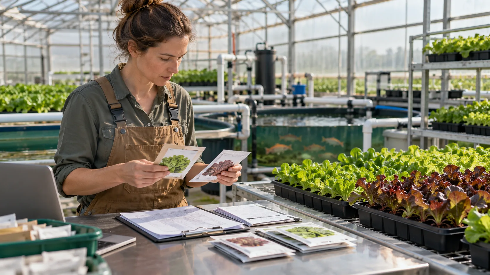 Aquaponics crop manager comparing seed packets, lot records and leafy-green nursery trays