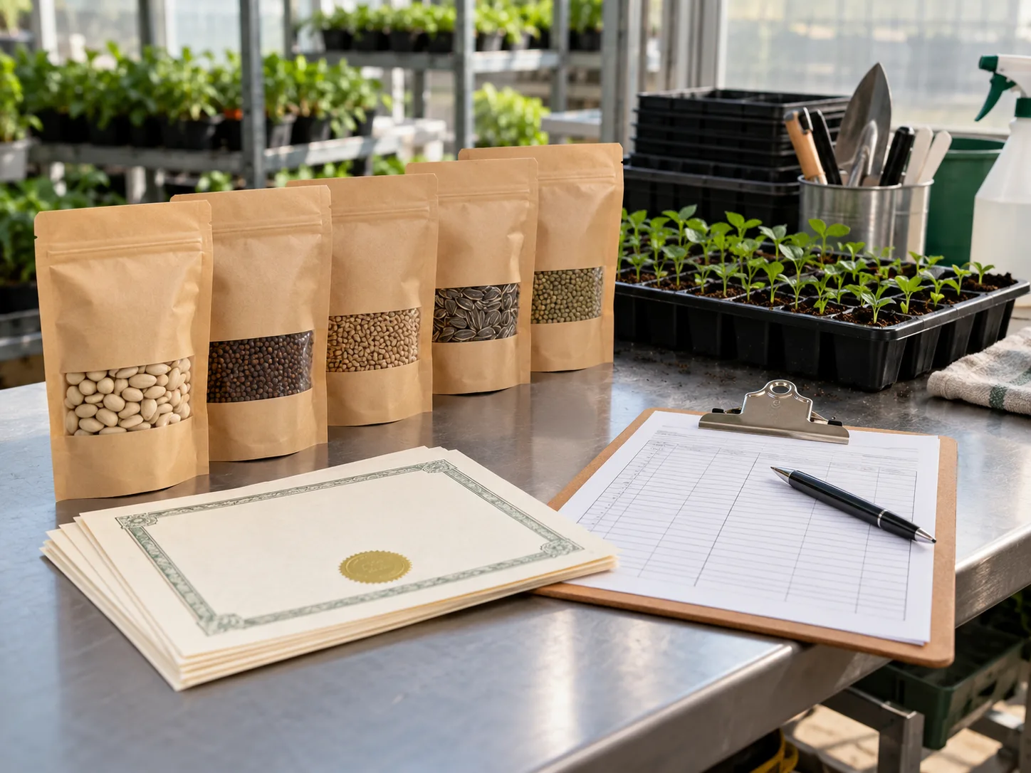 Seed lot packages and receiving records arranged at an aquaponics nursery station.