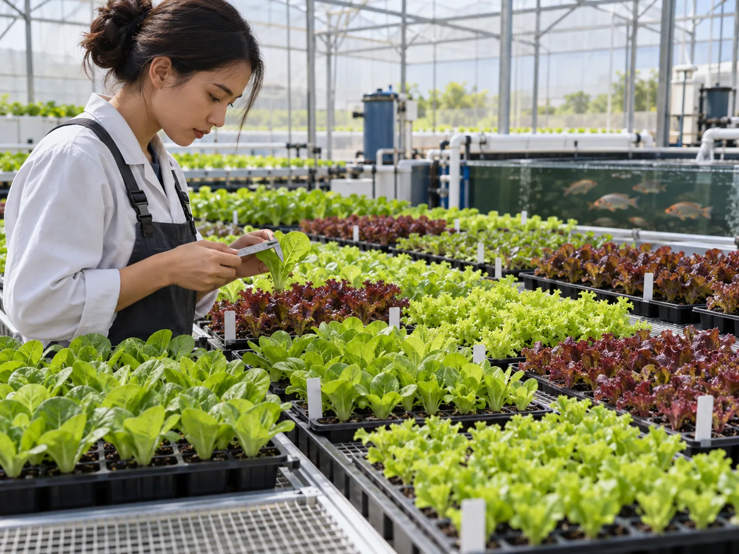 Aquaponics lettuce variety trial with nursery trays and uniform seedlings.