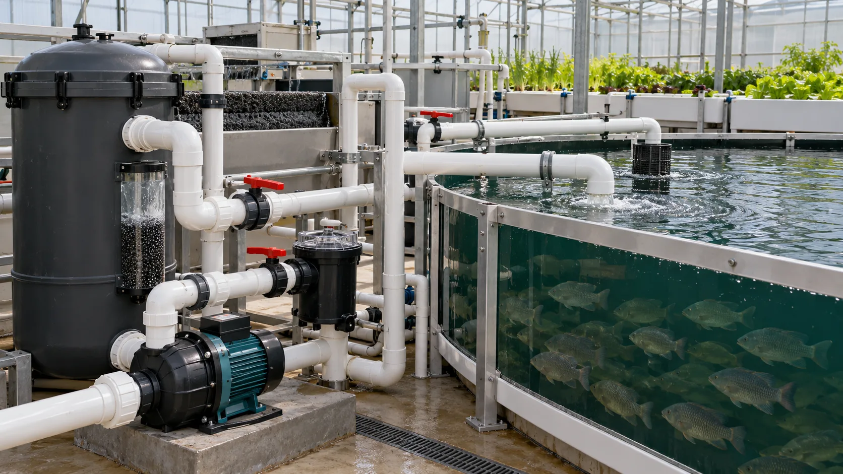 Commercial aquaponics plumbing manifold with PVC valves, unions, pump and accessible filtration