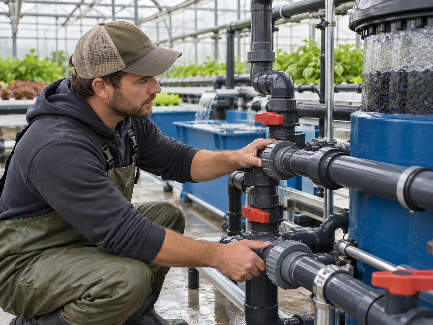 Technician checking union fittings and isolation valves on an aquaponics filter manifold.