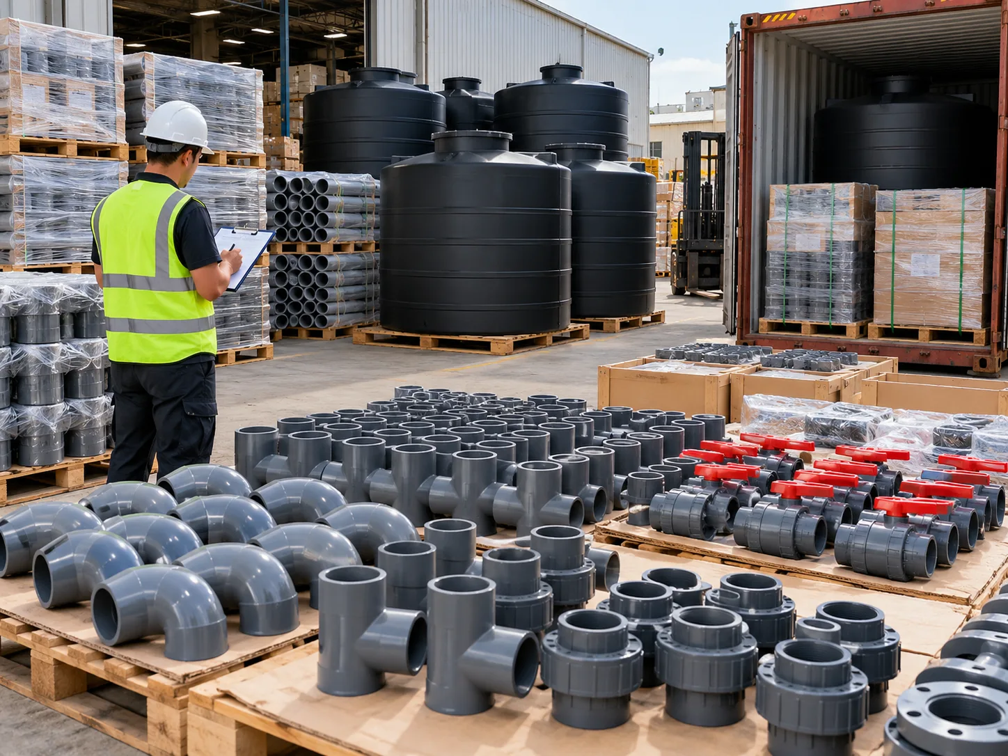 Dry aquaponics plumbing fittings and empty tanks checked against a packing list before shipment.