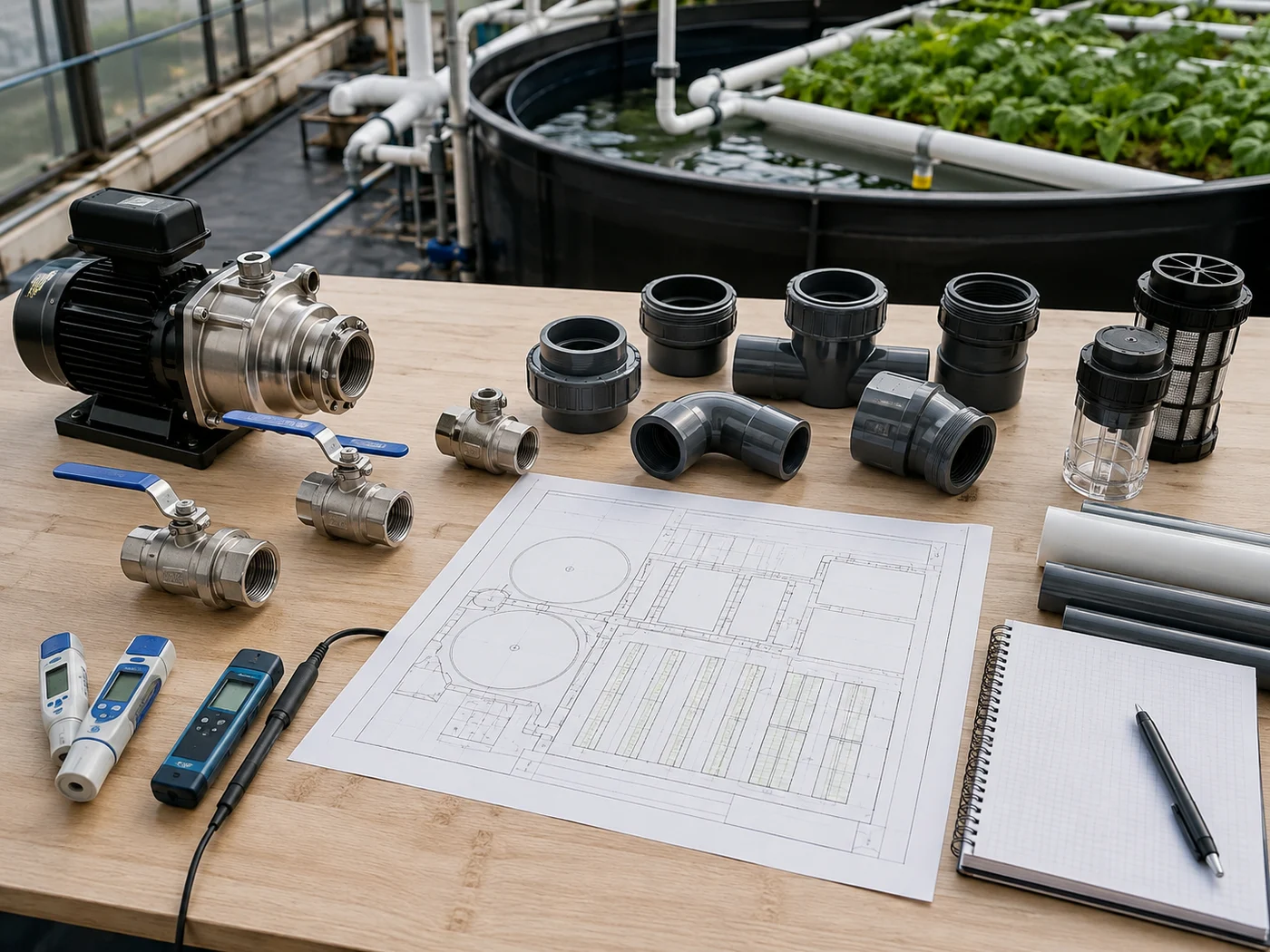 Aquaponics procurement review with pumps, valves, fittings, water-testing meters and a layout drawing