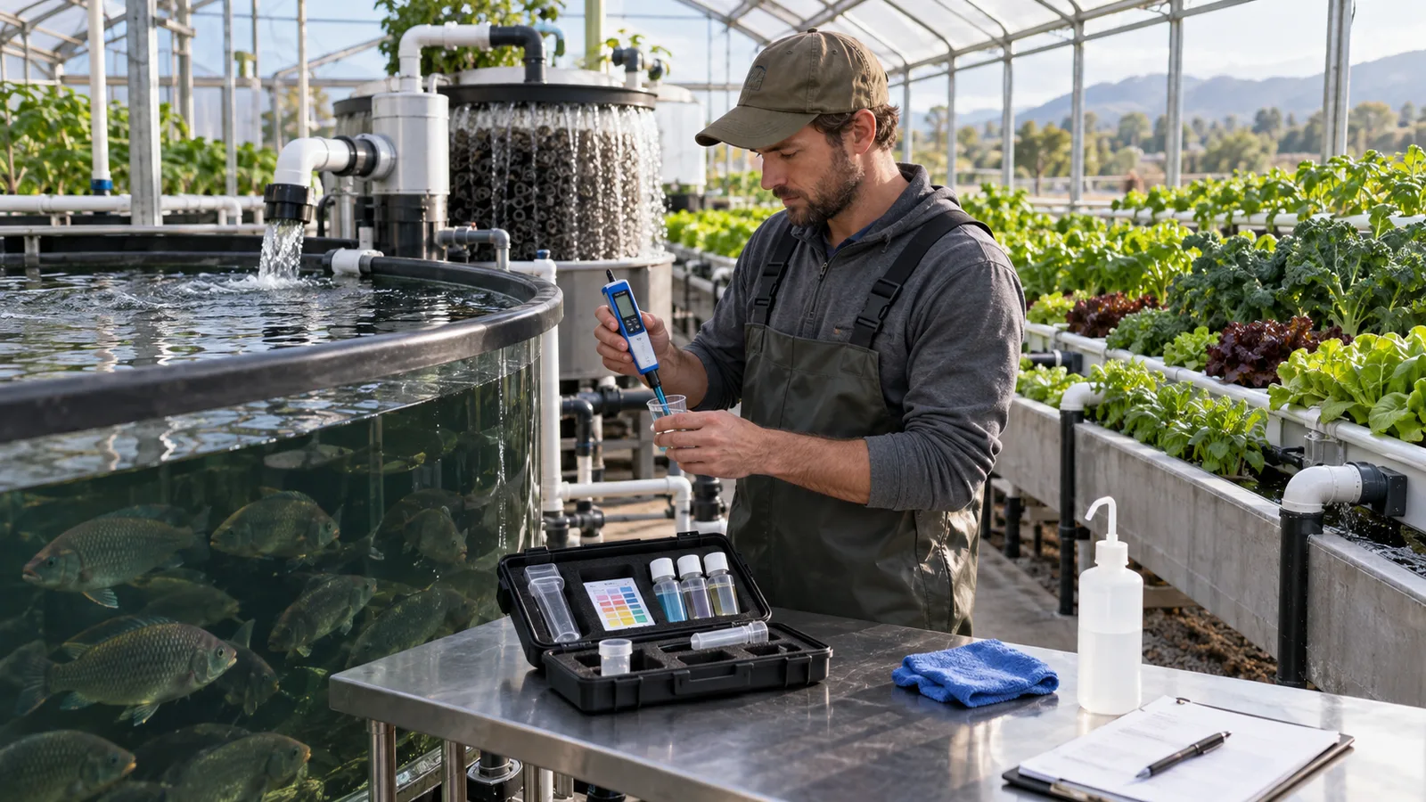 Aquaponics technician checking pH and alkalinity beside a fish tank and biological filter