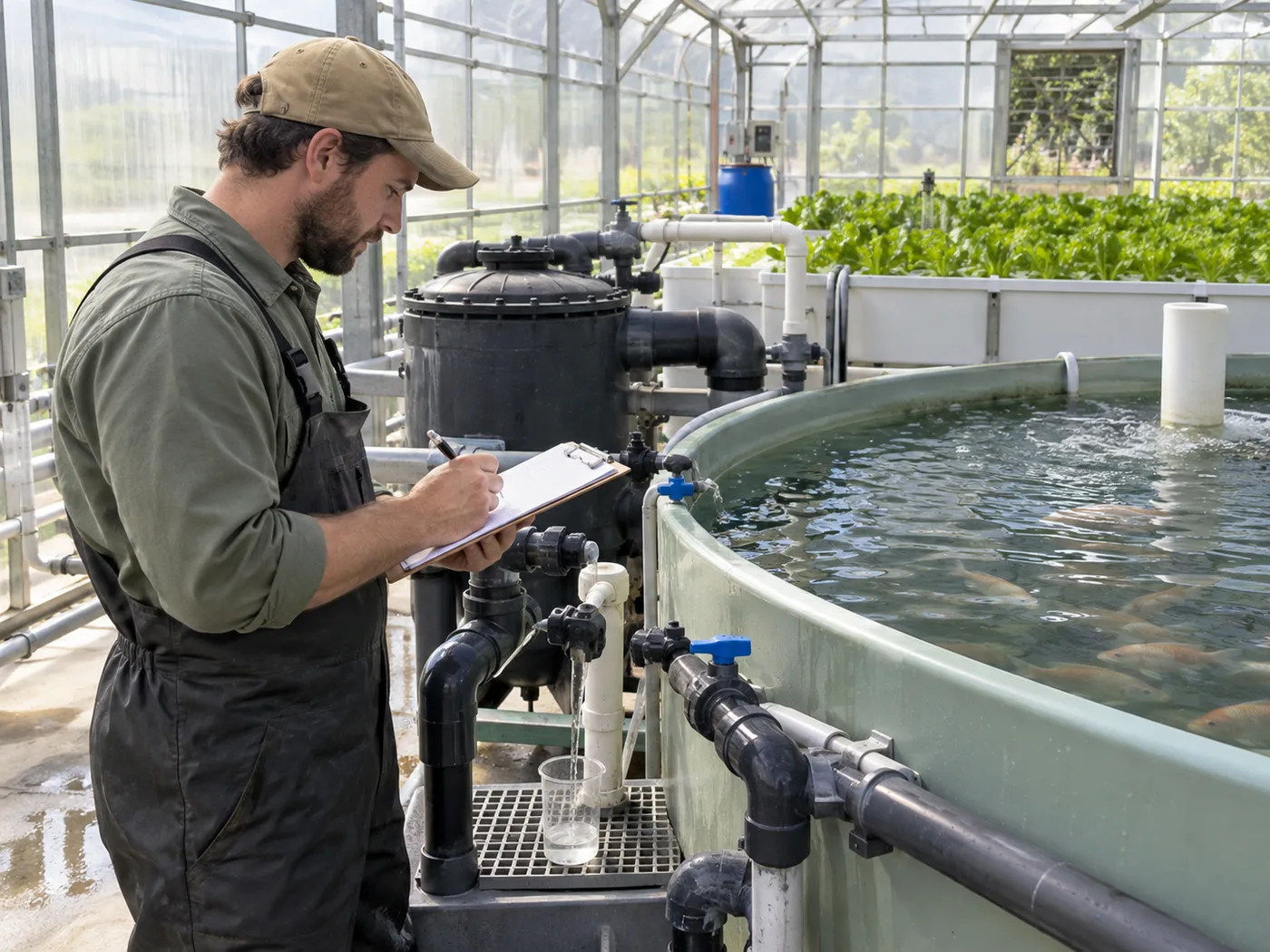 Aquaponics technician documenting pH and alkalinity readings during system commissioning.