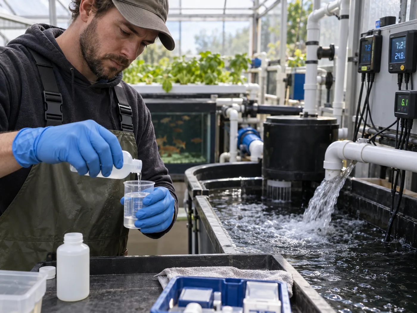 Technician measuring pH and alkalinity beside an aquaponics fish tank and biofilter.