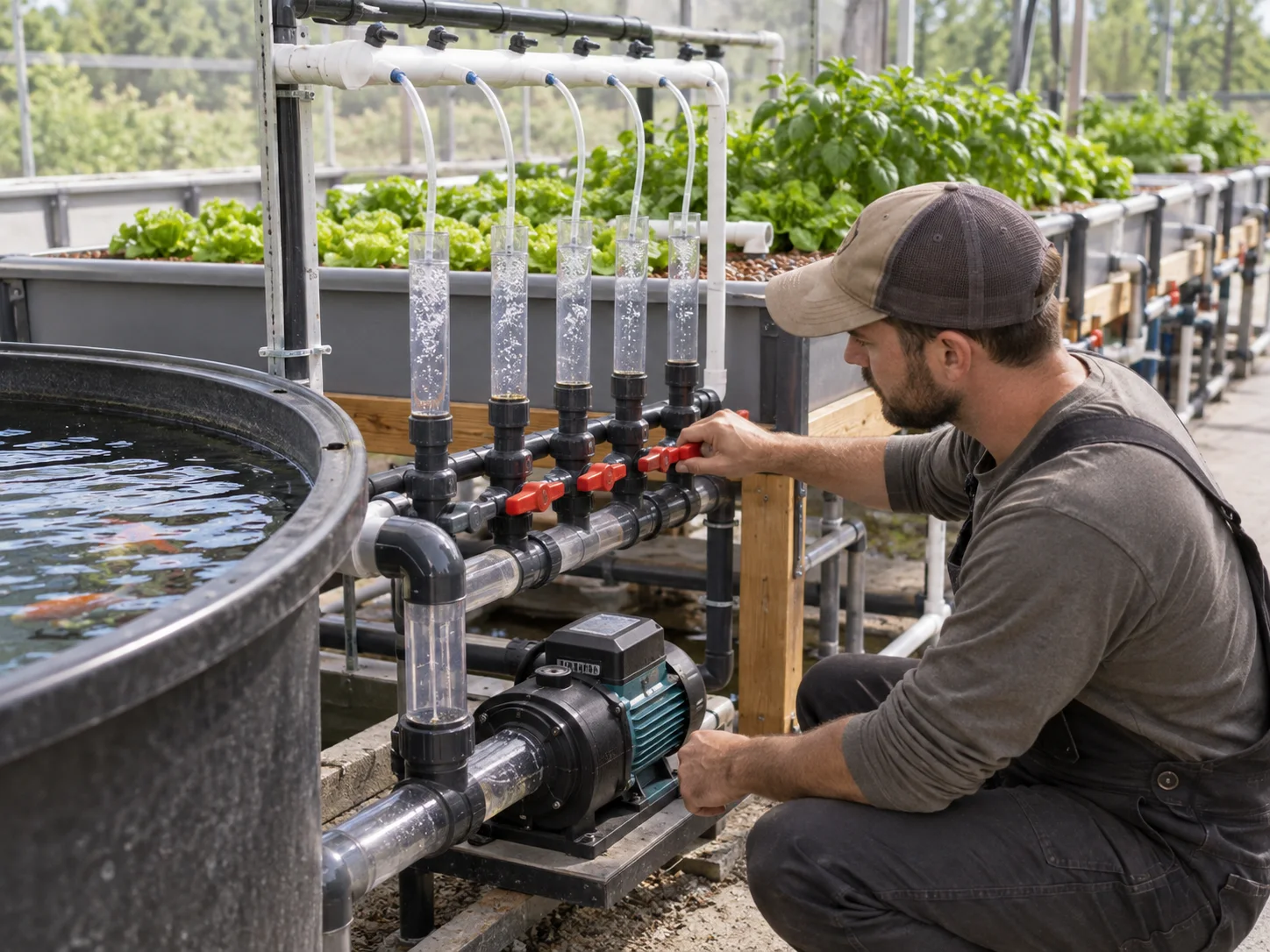 Technician checking pump flow, air manifold and isolation valves on a modular aquaponics expansion.