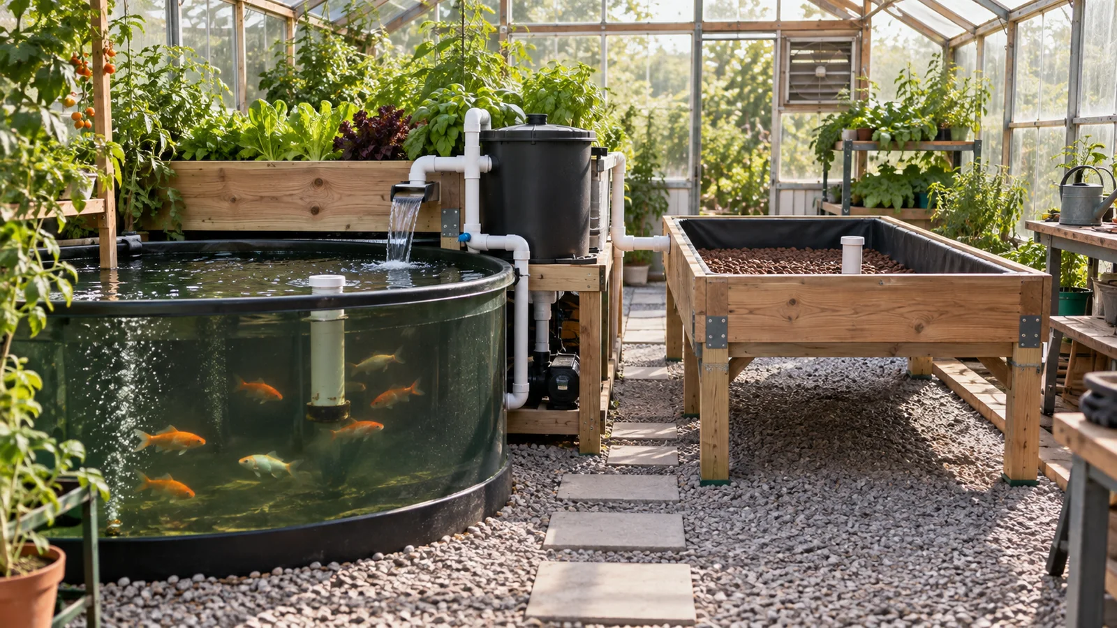Home aquaponics fish tank and filters prepared for modular grow-bed expansion