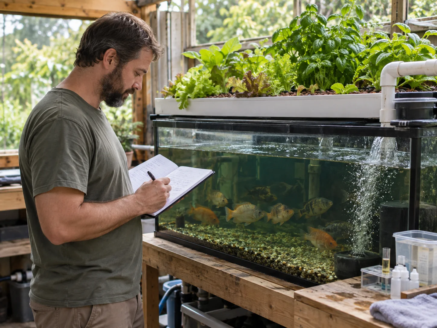 Home aquaponics operator reviewing water-quality log, feed record and planned expansion sketch.