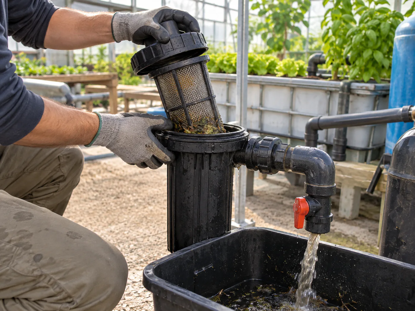 Technician opening an aquaponics screen filter for scheduled inspection and cleaning.