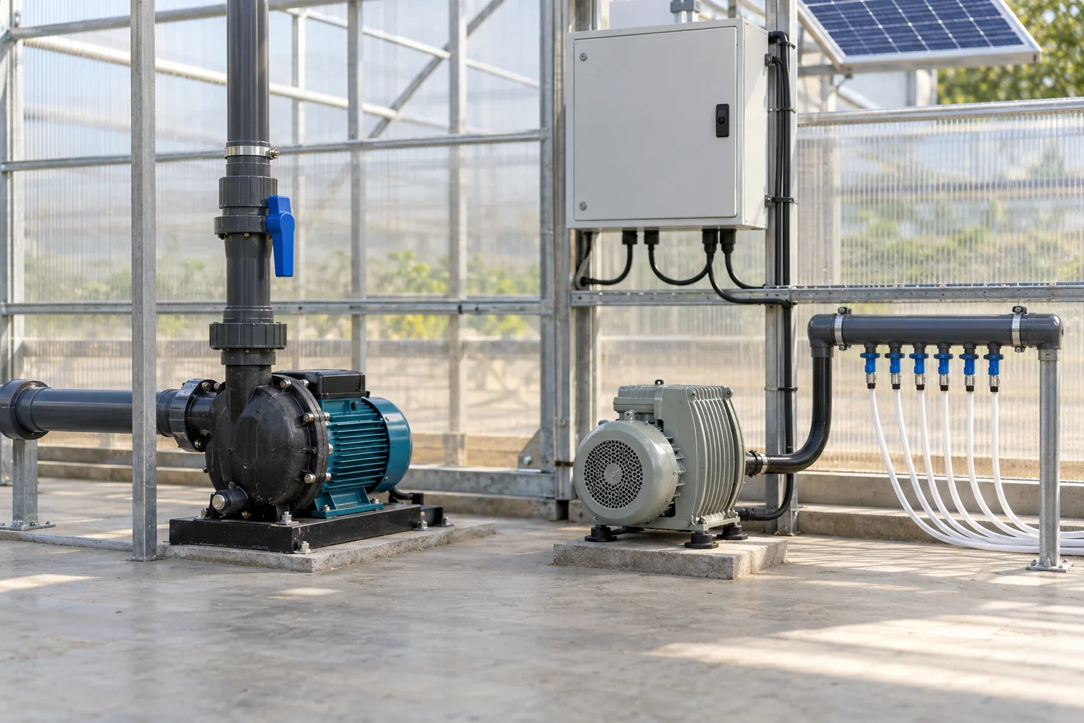 Aquaponics water pump and separate air blower powered by a solar electrical system.