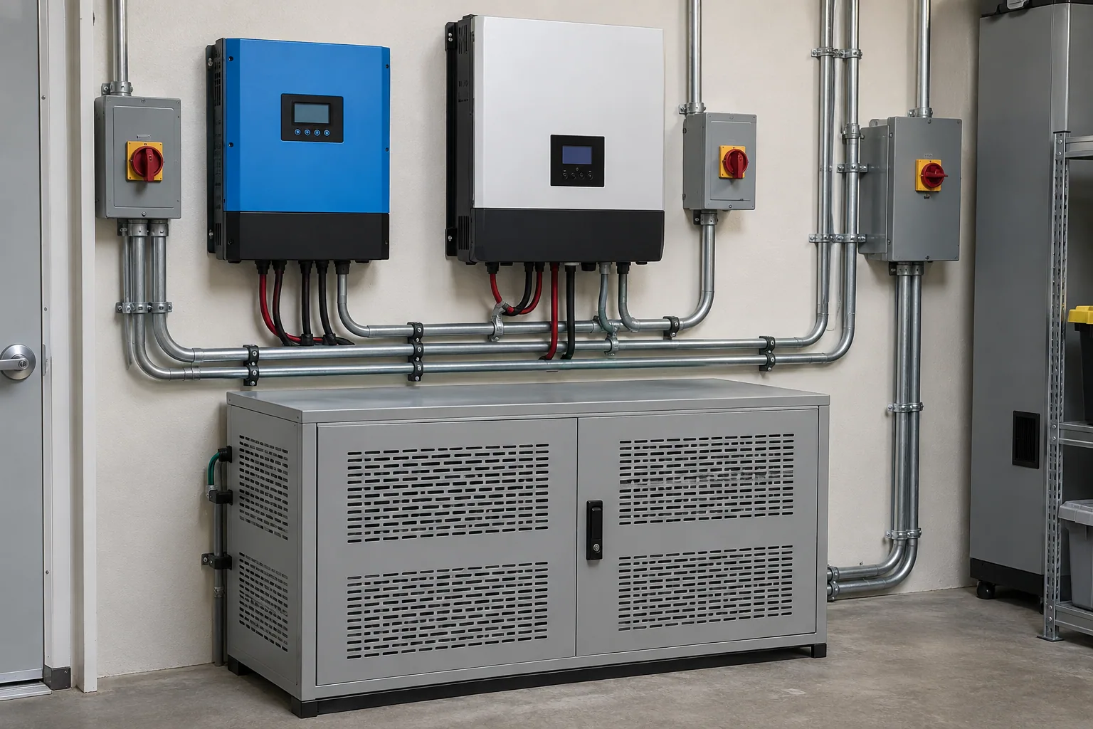 Aquaponics solar charge controller, enclosed batteries and inverter.