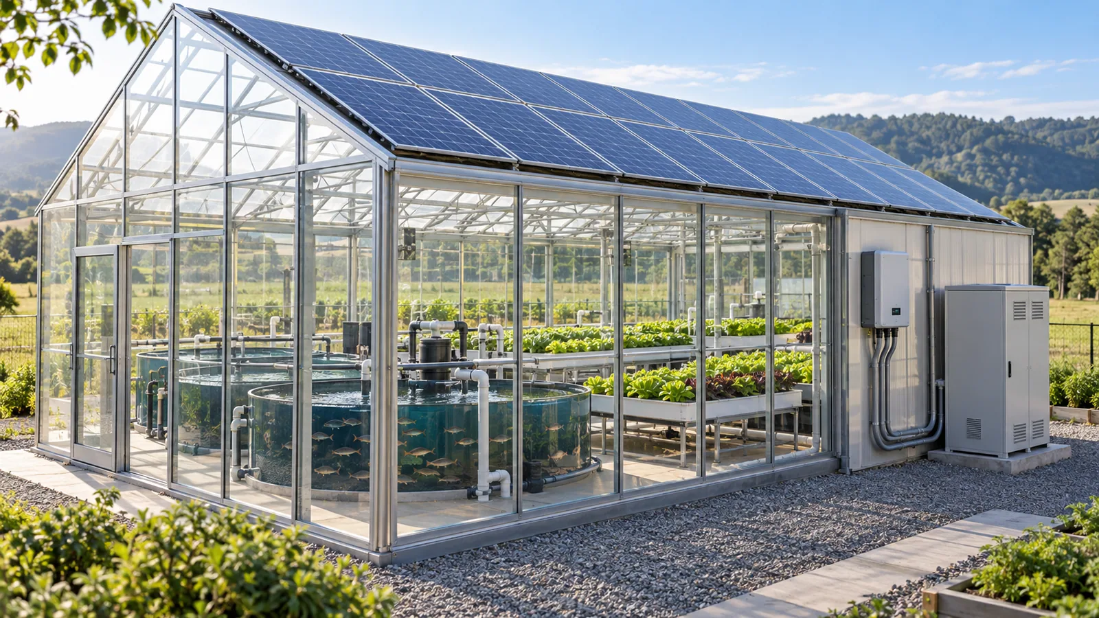 Solar-powered aquaponics greenhouse with panels, batteries and water-circulation equipment