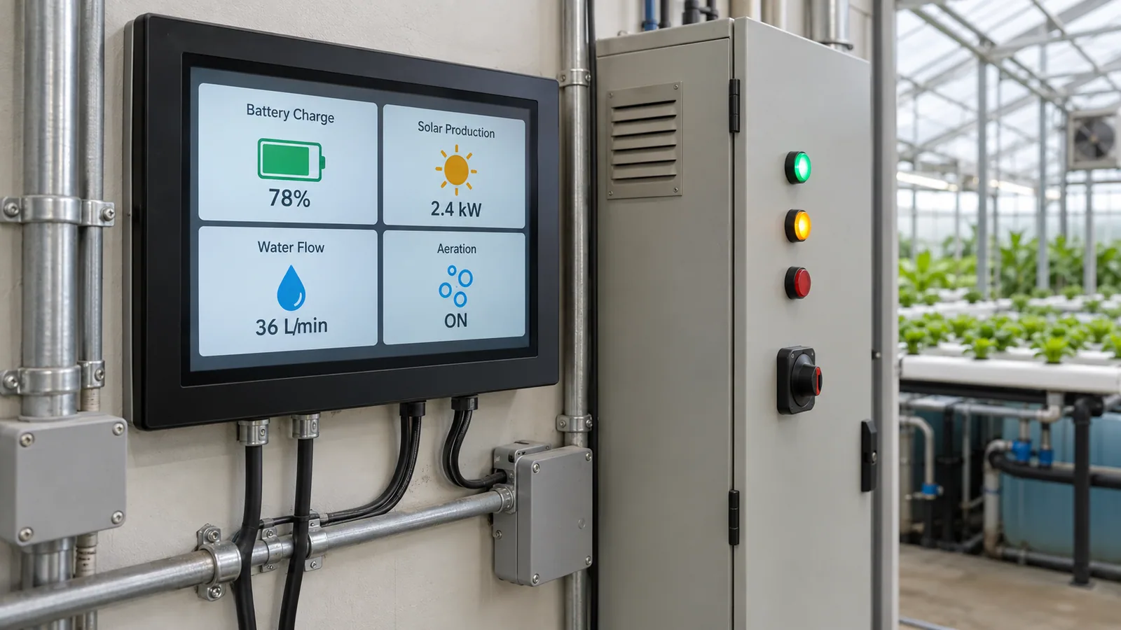 Solar aquaponics monitoring dashboard showing battery, solar, flow and aeration status.