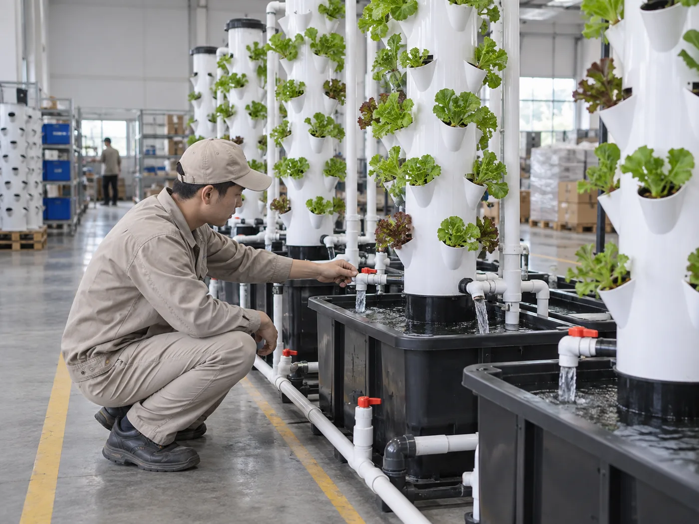 Factory technician checking water flow through vertical aquaponics tower planters before shipment.