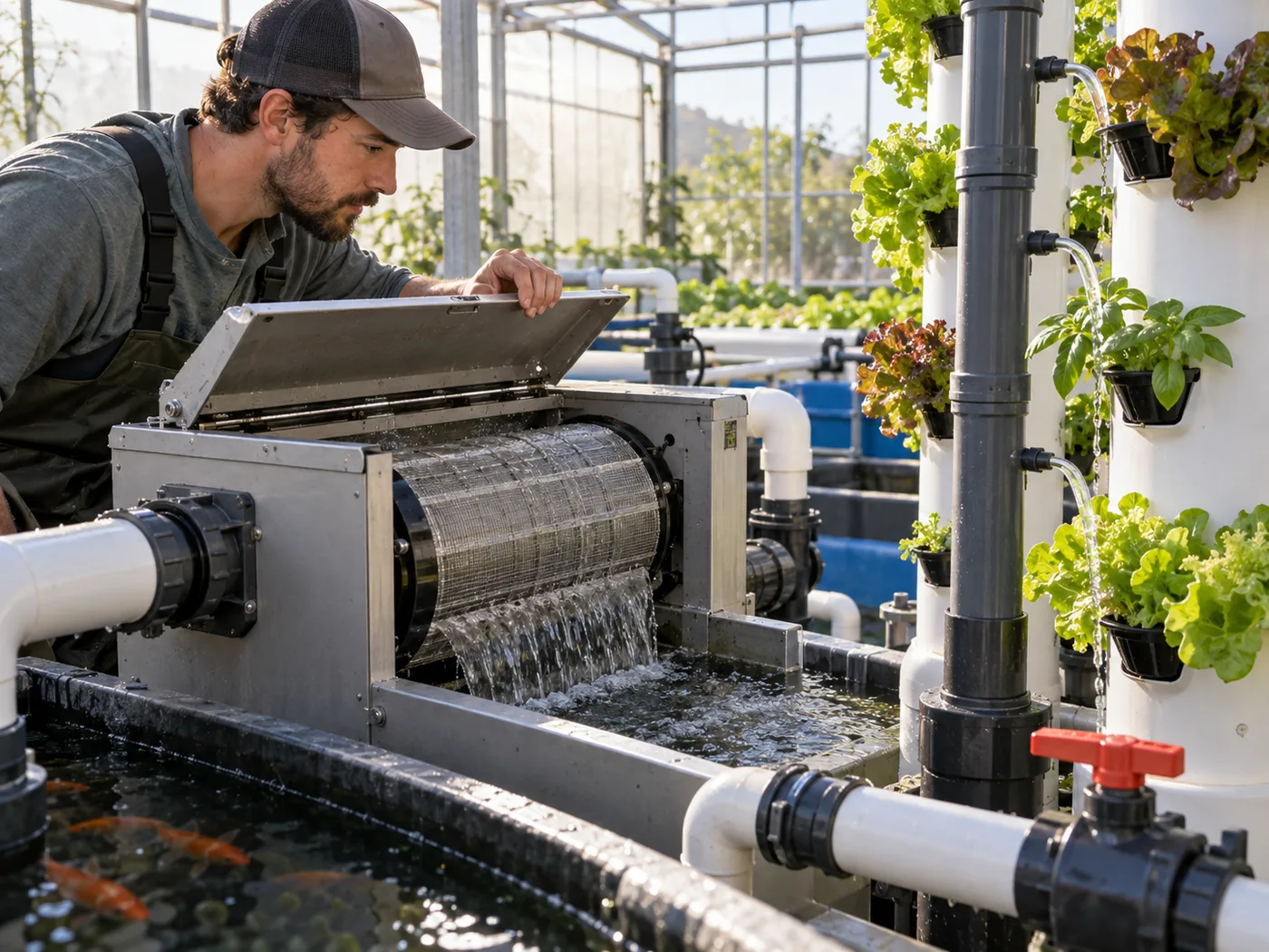 Tower planter being supplied through a filtered aquaponics return line.
