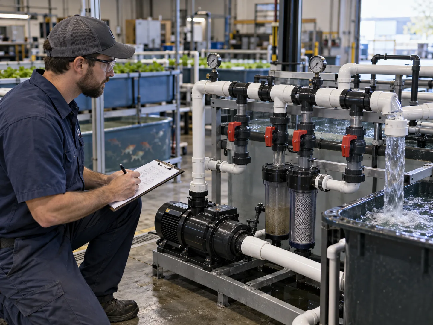 Technician inspecting aquaponics valves and pump labels during factory testing.