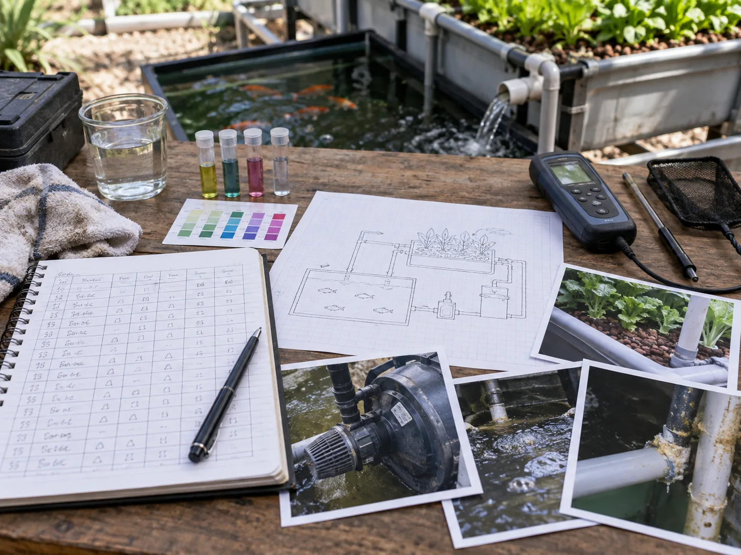 Aquaponics water-quality log, system layout sketch and equipment photographs prepared for troubleshooting.