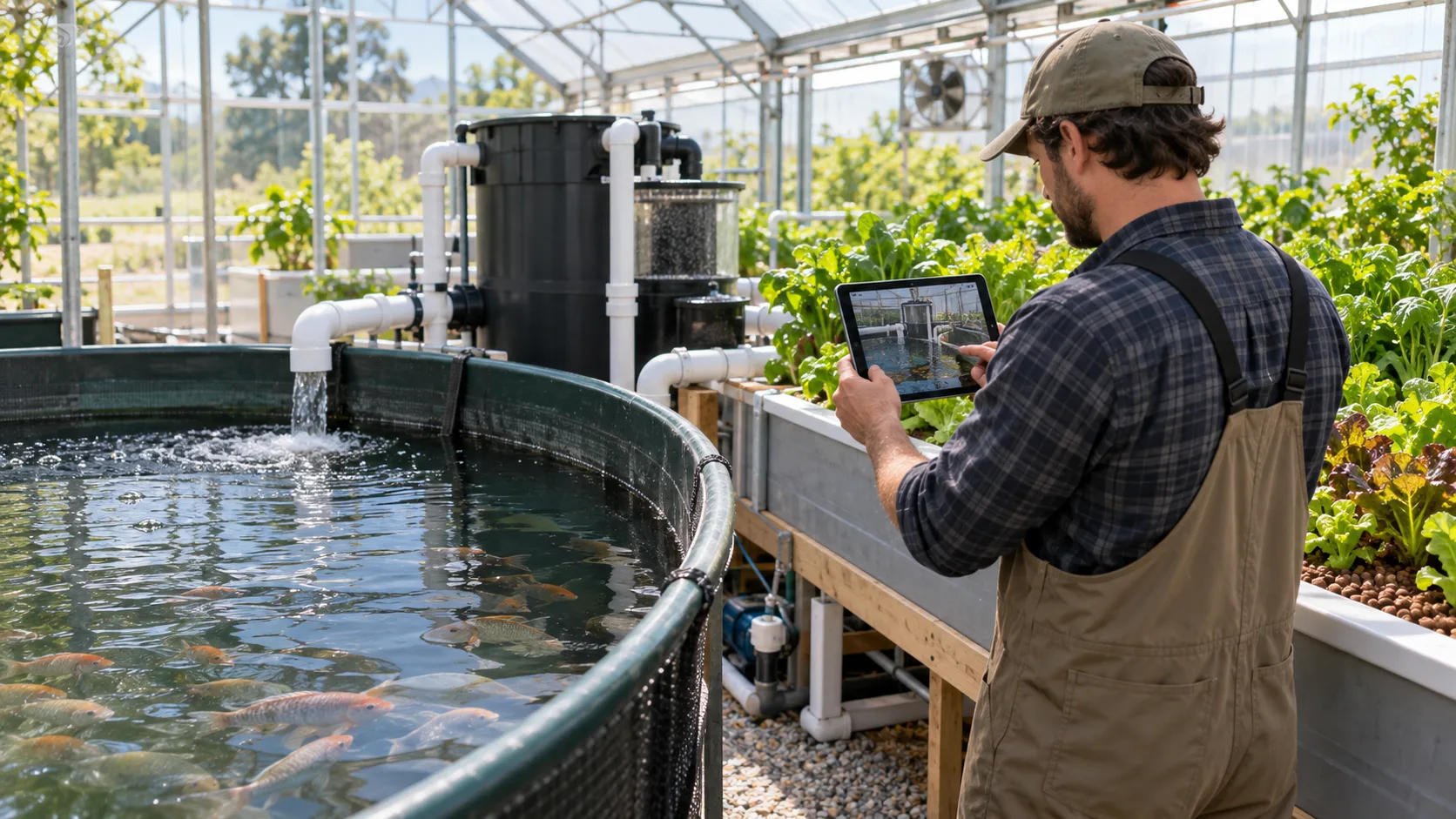 Aquaponics operator documenting fish tank, filter and grow-bed conditions for remote support
