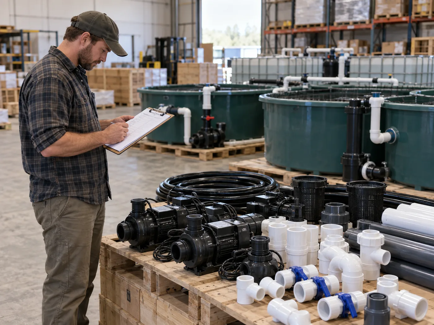 Commissioning team checking pump flow, energy meter and controls on an aquaponics installation.