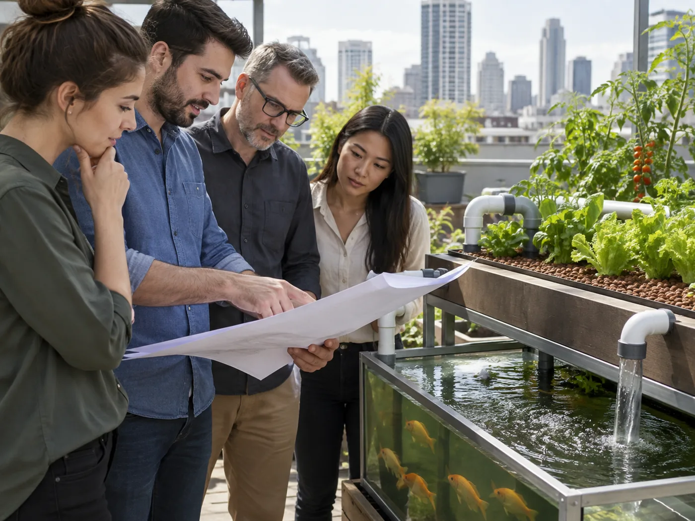 Project team reviewing aquaponics specifications beside a compact urban system.