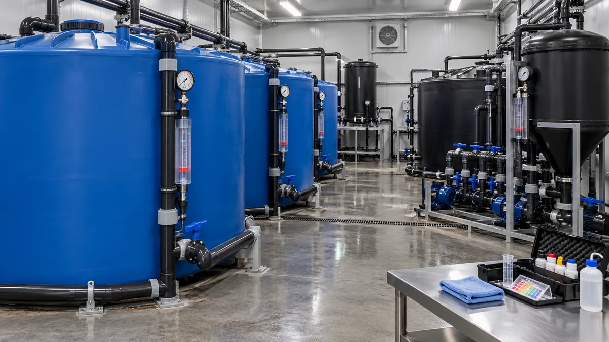 Opaque plastic aquaponics tanks, gauges, flow meters and pump manifolds during dry commissioning.