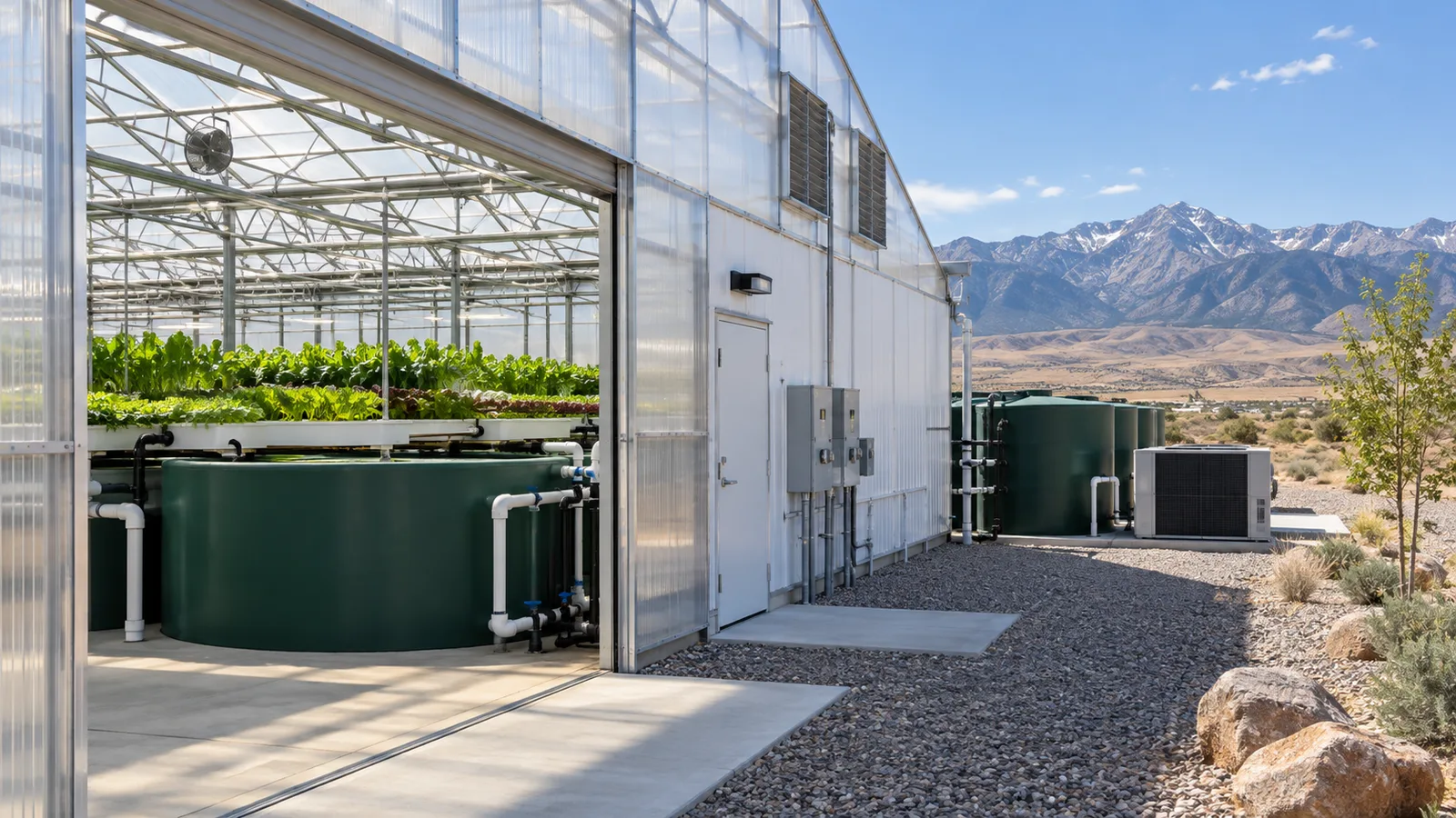Utah aquaponics greenhouse with opaque plastic fish tanks, utilities and climate-control equipment
