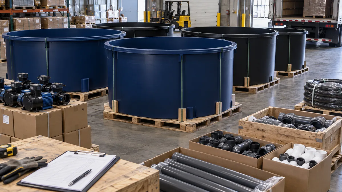 Dry empty opaque aquaponics fish tanks, pumps and fittings arranged for shipment inspection in a warehouse.