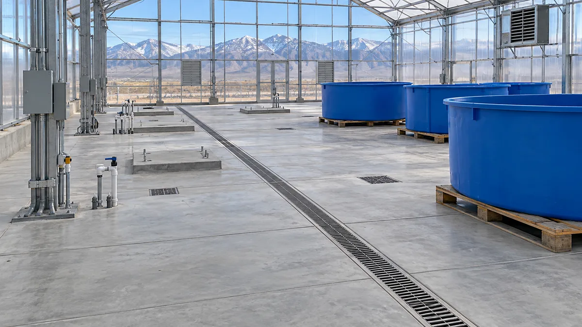 Utah greenhouse site with utility preparation and empty opaque plastic aquaponics tanks staged on a concrete slab.
