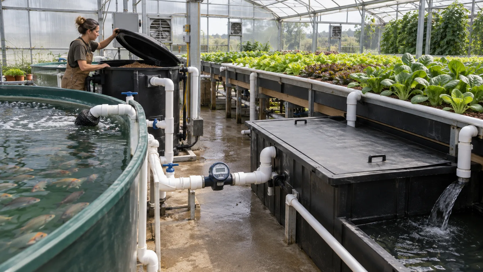 Commercial aquaponics greenhouse with accessible filtration, covered sump, water meter and grow beds