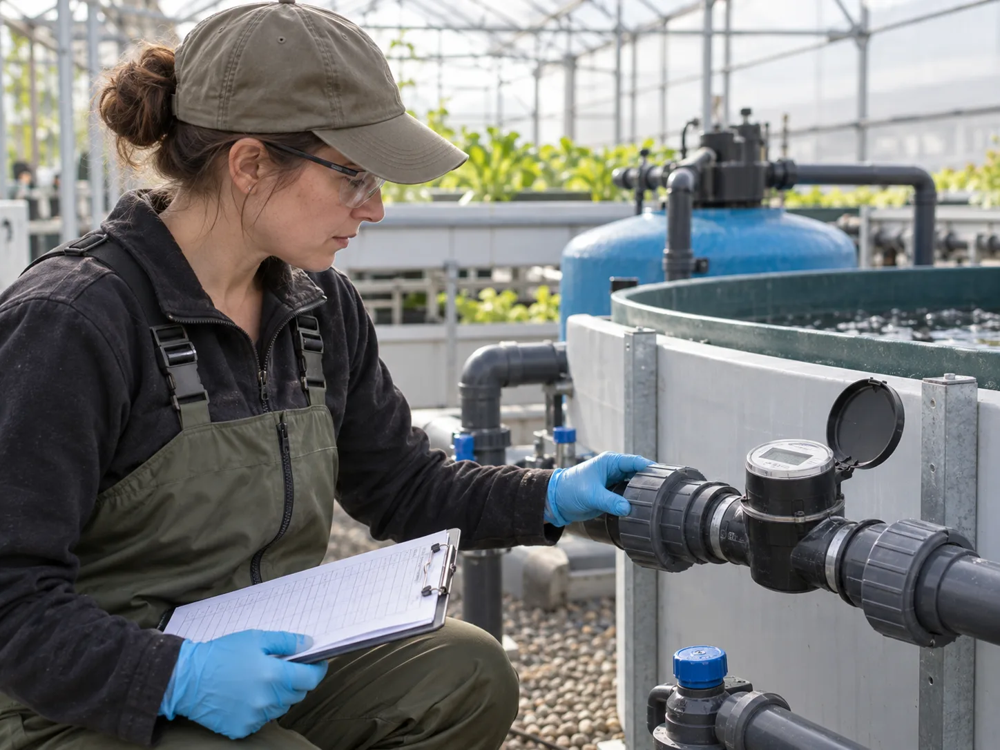 Technician inspecting an aquaponics pipe union and water meter during commissioning.