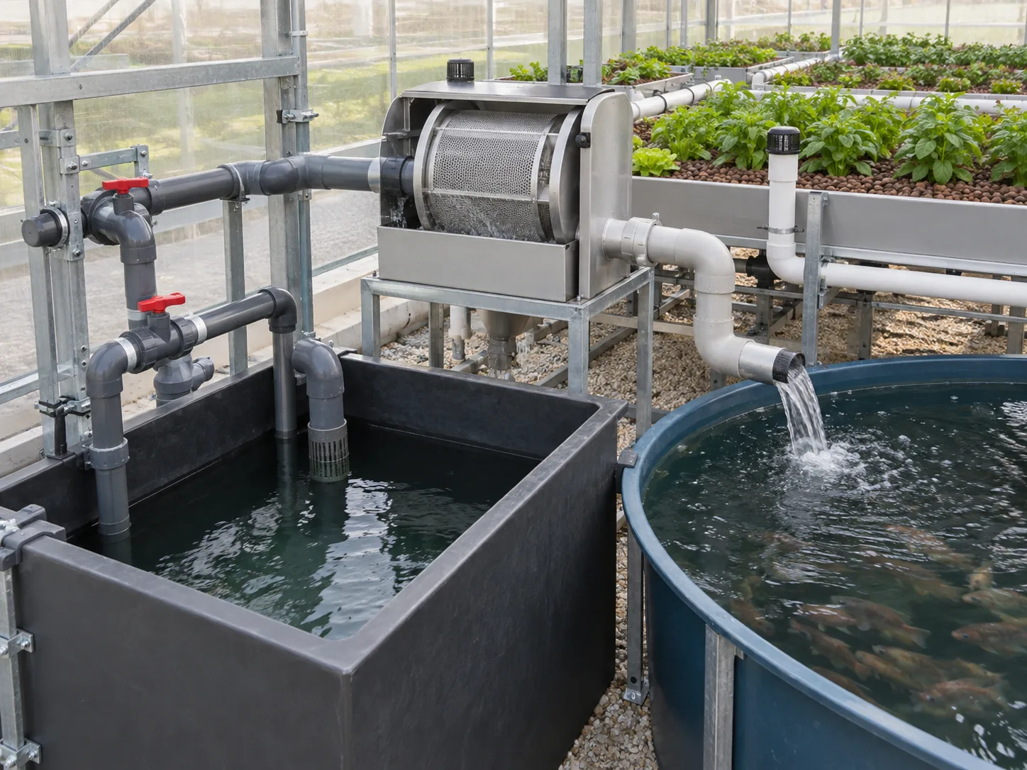Aquaponics process layout showing accessible sump, gravity returns, labelled valves and protected overflow route.