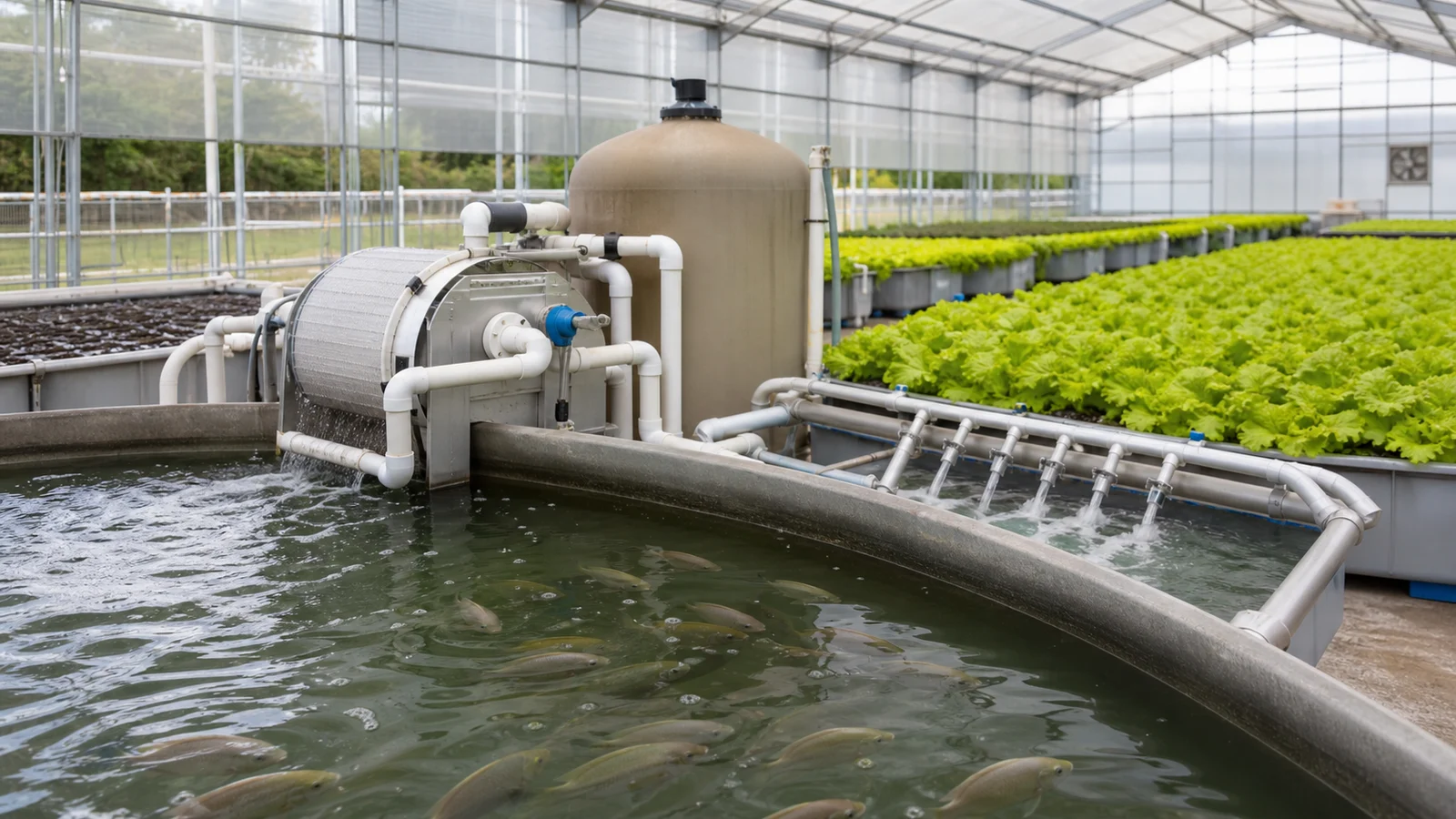 Commercial aquaponics greenhouse with a fish tank, solids filter, biofilter and lettuce grow beds