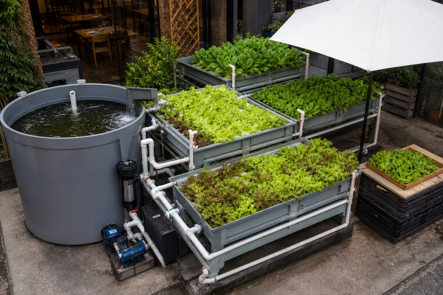 Overhead view of a compact commercial aquaponics project with a grey fish tank, modular grow beds and organized circulation plumbing