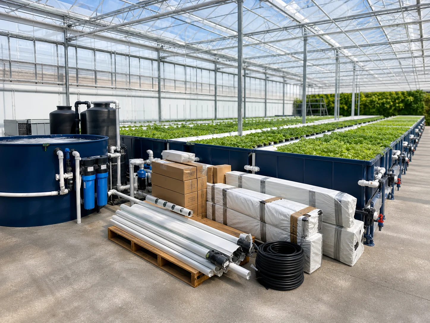 Project-ready commercial aquaponics greenhouse equipment and leafy green grow beds