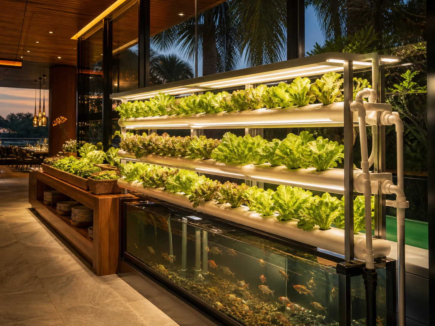 Premium hotel aquaponics food display with leafy greens and fish tank infrastructure
