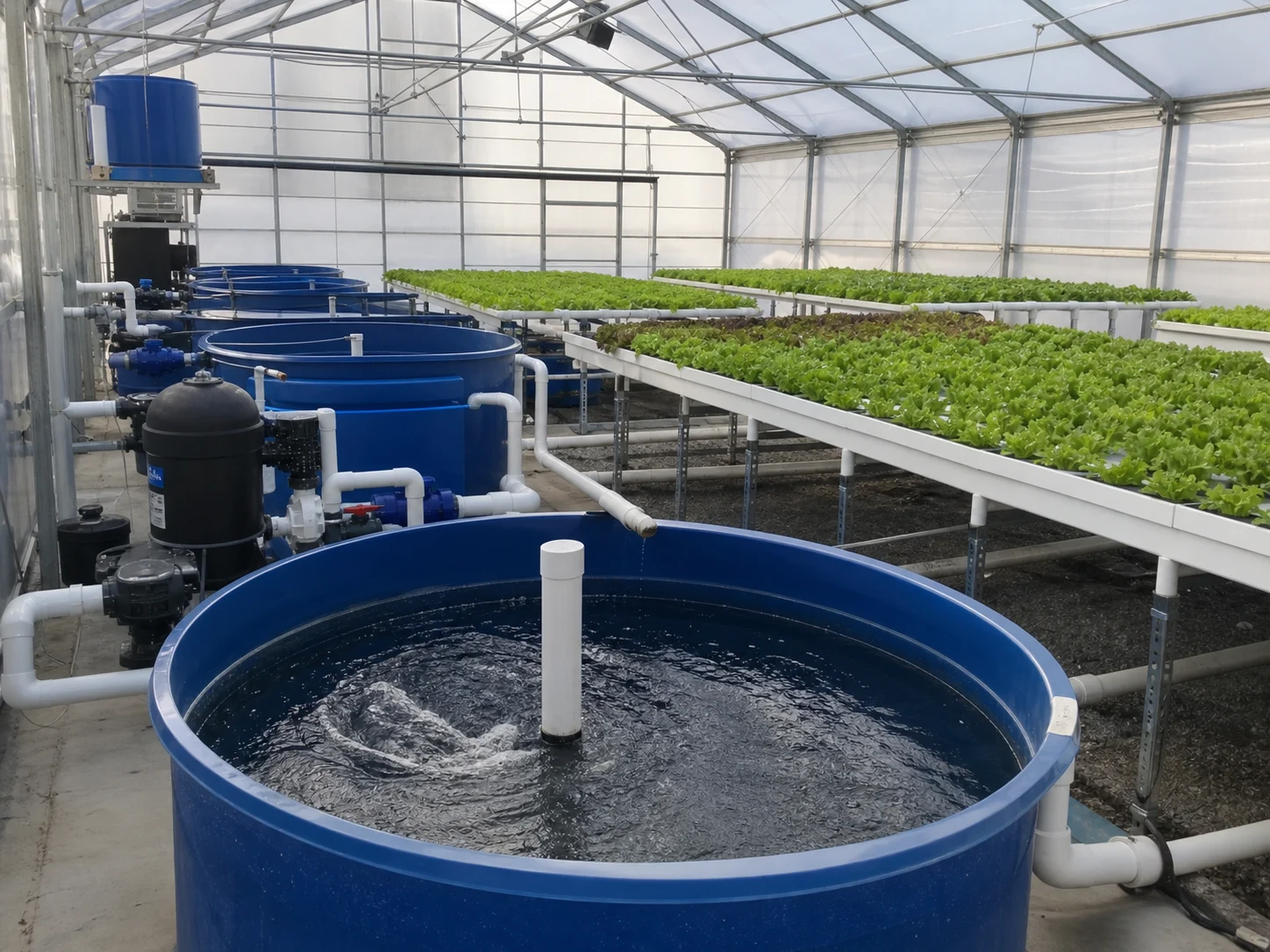 Commercial aquaponics operation with blue fish tanks, raised grow beds and clean circulation pipes