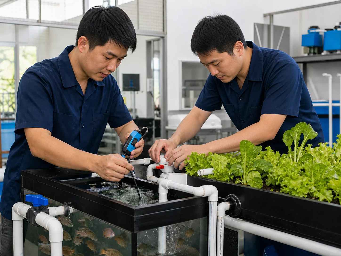Technicians testing water quality and plumbing on a compact aquaponics community system