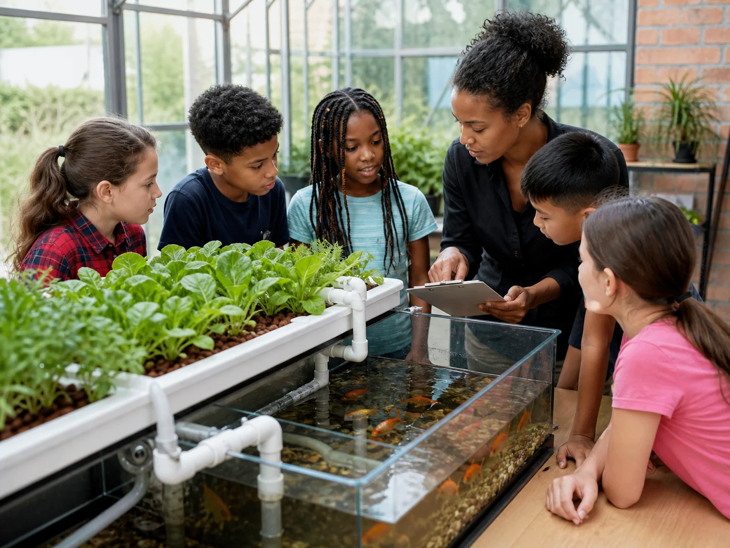 Teacher guiding children around a hands-on aquaponics learning system with fish and plants