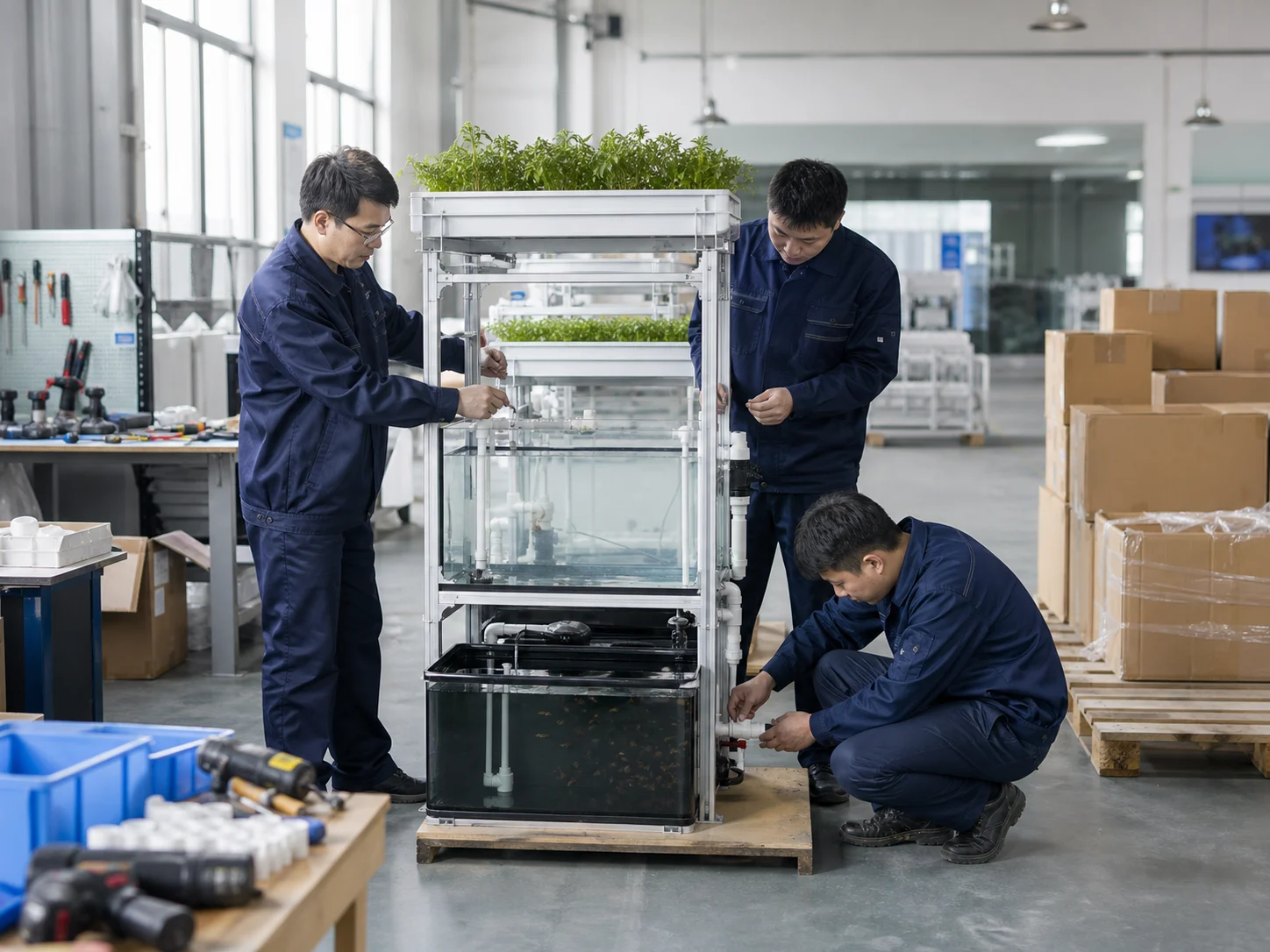 Chinese technicians assembling a compact modular aquaponics teaching system in a clean workshop