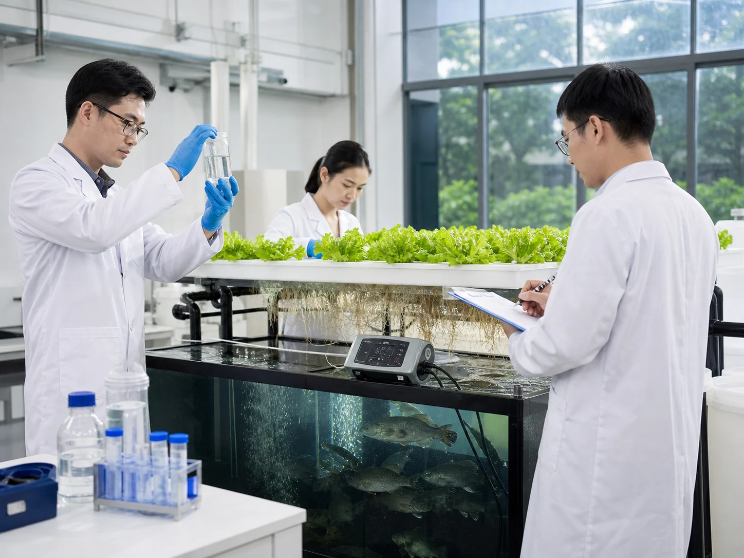 East Asian researchers documenting a compact aquaponics experiment in a university laboratory