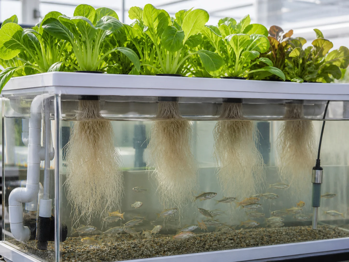 Clear classroom aquaponics observation tank showing fish, plant roots and water-quality equipment