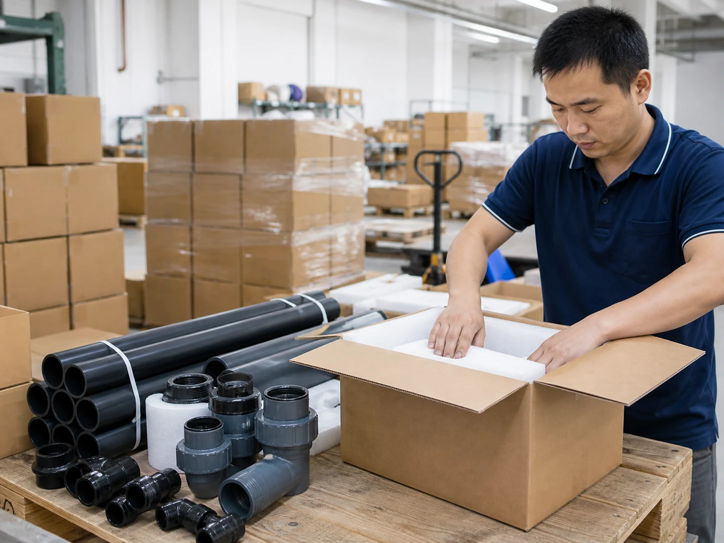 Chinese factory worker preparing protected aquaponics components and cartons for export shipment