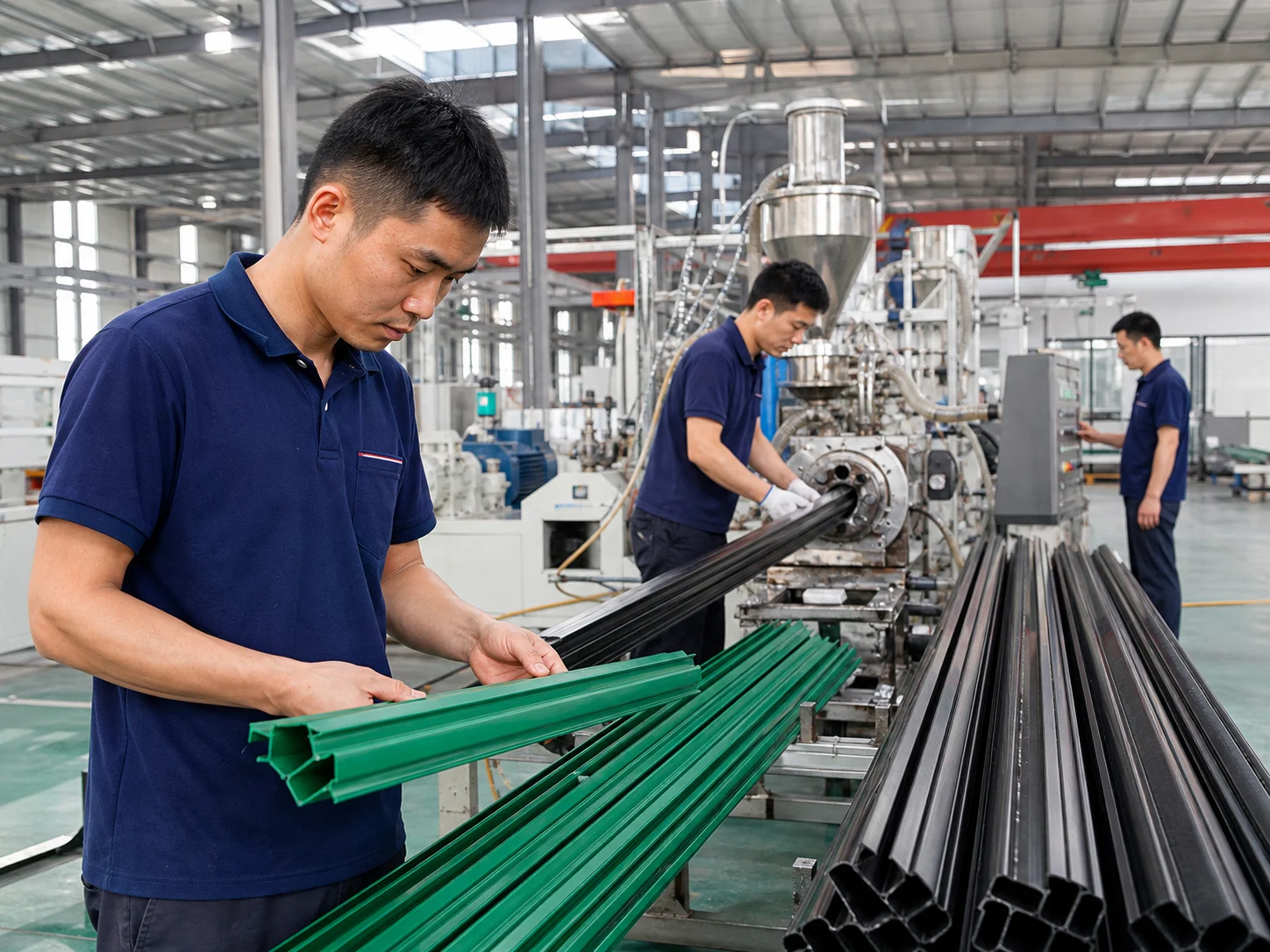 Chinese technicians operating an aquaponics PVC profile extrusion line in a clean factory