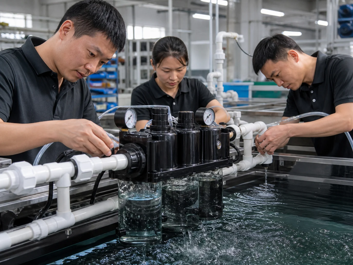 Chinese factory team performing water-flow testing on an aquaponics filtration manifold