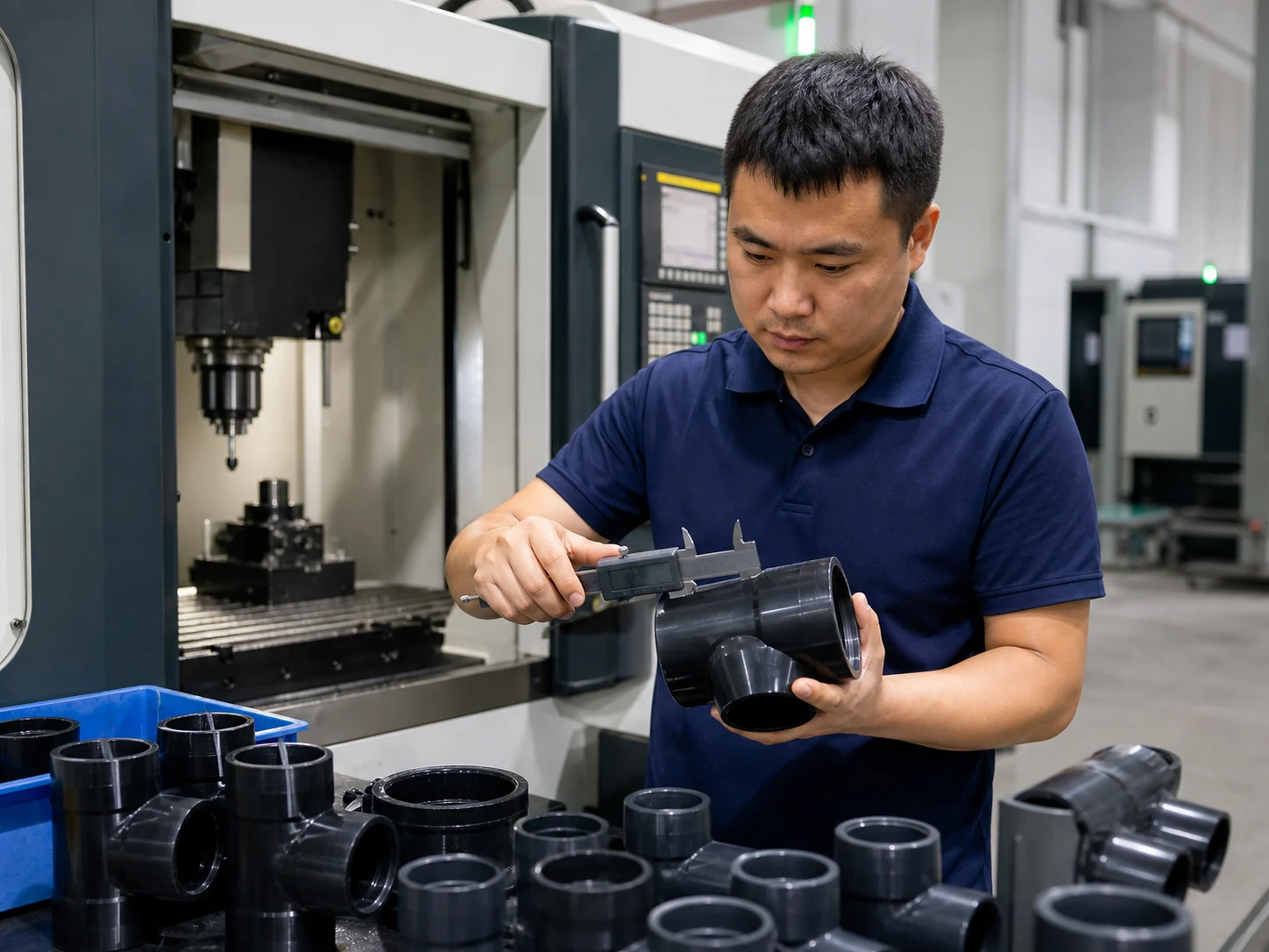 Chinese technician measuring an aquaponics pipe fitting beside a CNC machining center