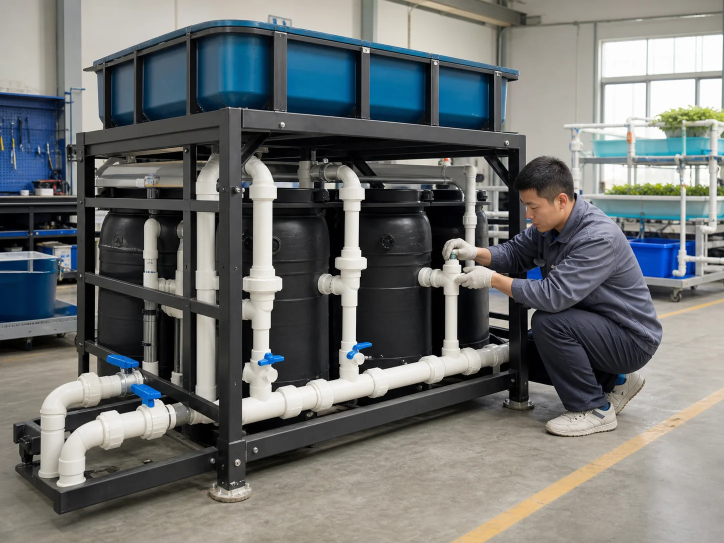 Chinese technician assembling a modular aquaponics fish tank and filtration system in the YAFAN factory