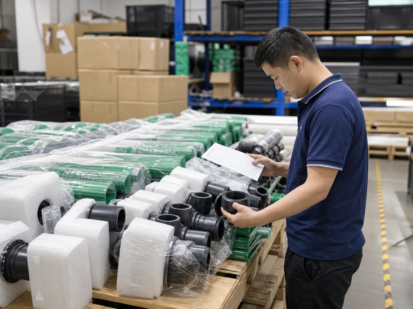 Chinese quality-control technician inspecting packed aquaponics components before export shipment