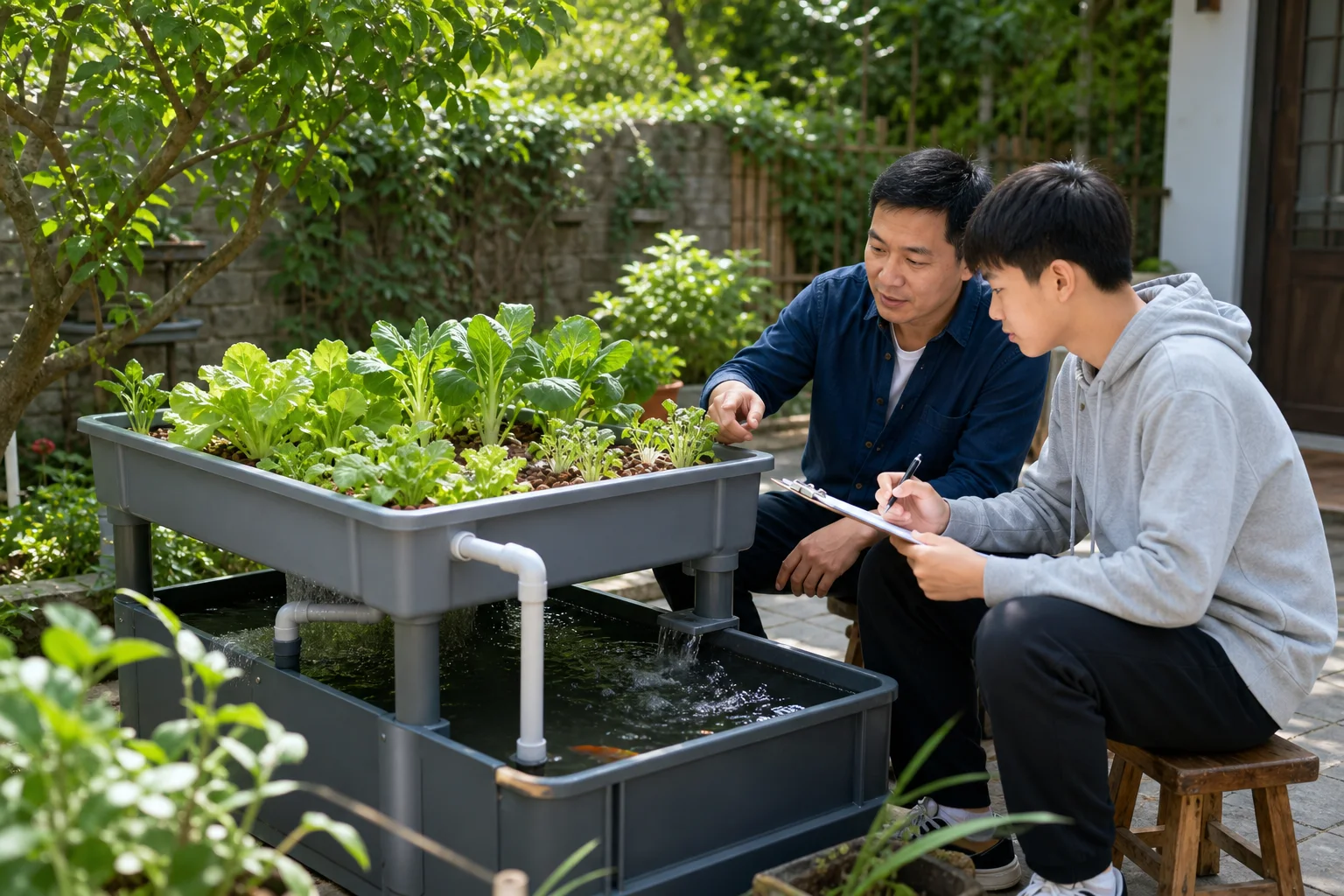 Chinese adult and teenage student observing a compact gray home aquaponics system in a sunlit private garden